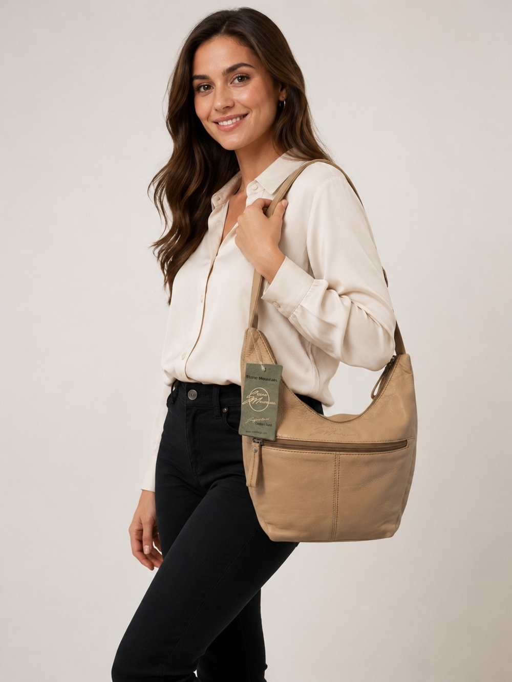 NWT Stone Mountain  Beige Buttery Soft Leather Hobo Shoulder Bag